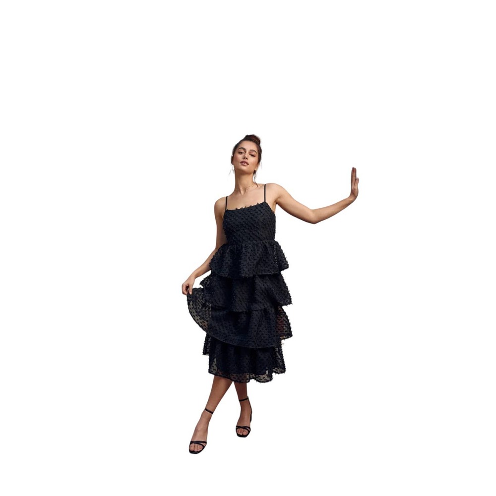 Lulu’s Tiered Pom Pom Midi Sundress Black size Medium Sundress Party Dress